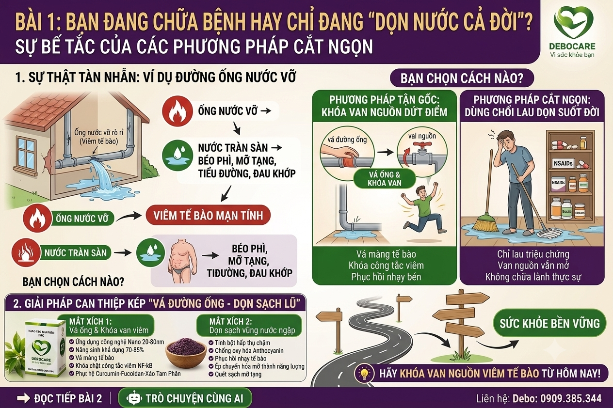 Infographic bài 1 giải thích ví dụ ống nước vỡ, sự khác biệt giữa chữa bệnh cắt ngọn và khóa van nguồn viêm tế bào Debocare.