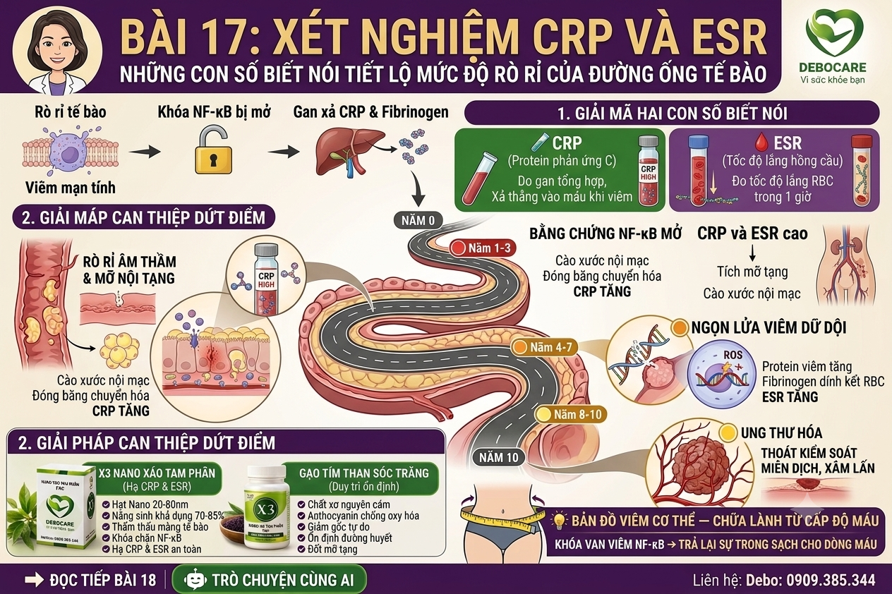 Infographic bài 17 giải thích hai chỉ số xét nghiệm máu CRP và ESR, cơ chế rò rỉ tế bào và phác đồ hạ chỉ số viêm Debocare.