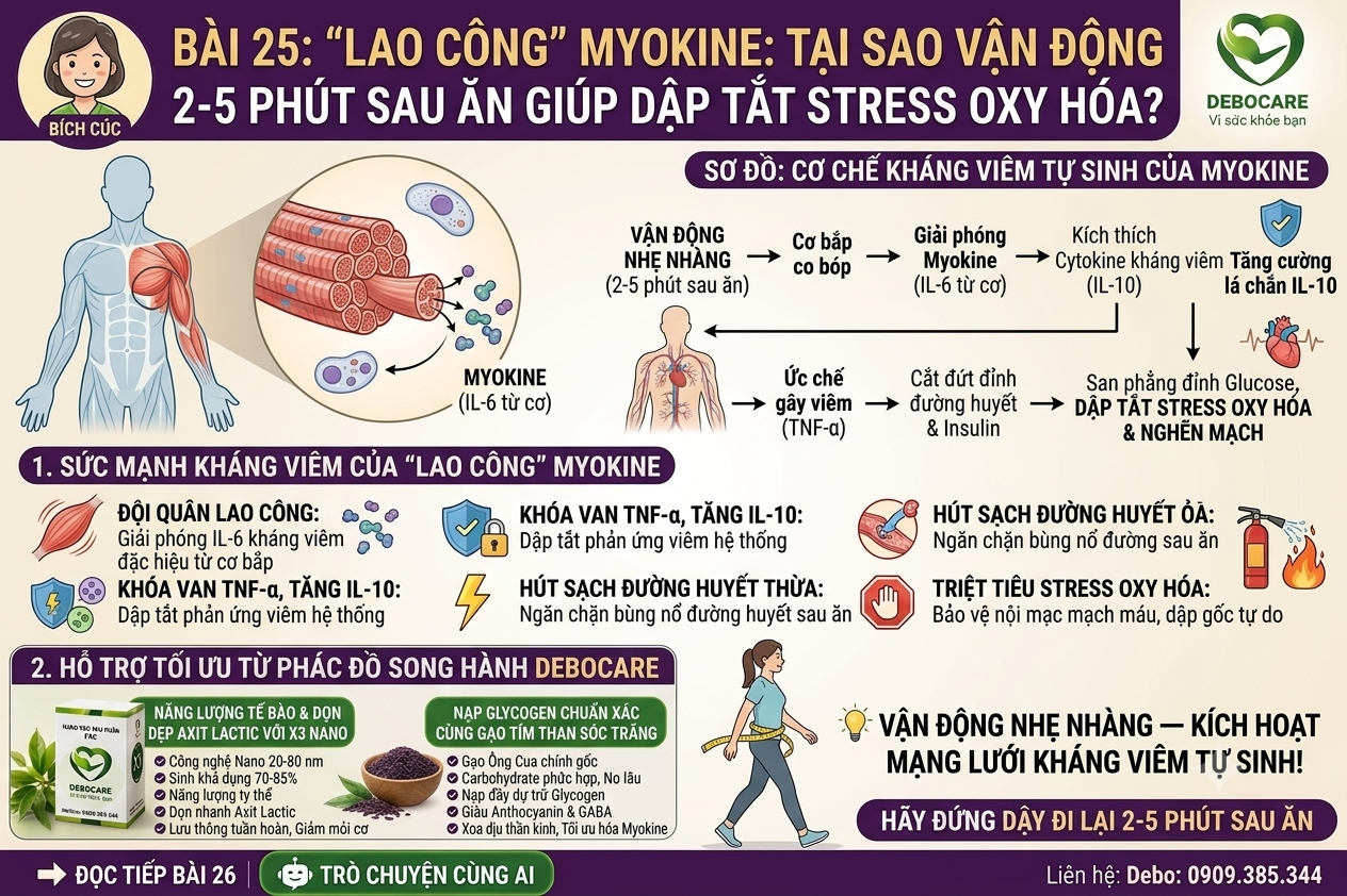 Infographic bài 25 giải thích cơ chế giải phóng Myokine khi vận động nhẹ sau ăn giúp dập tắt stress oxy hóa và phác đồ Debocare.