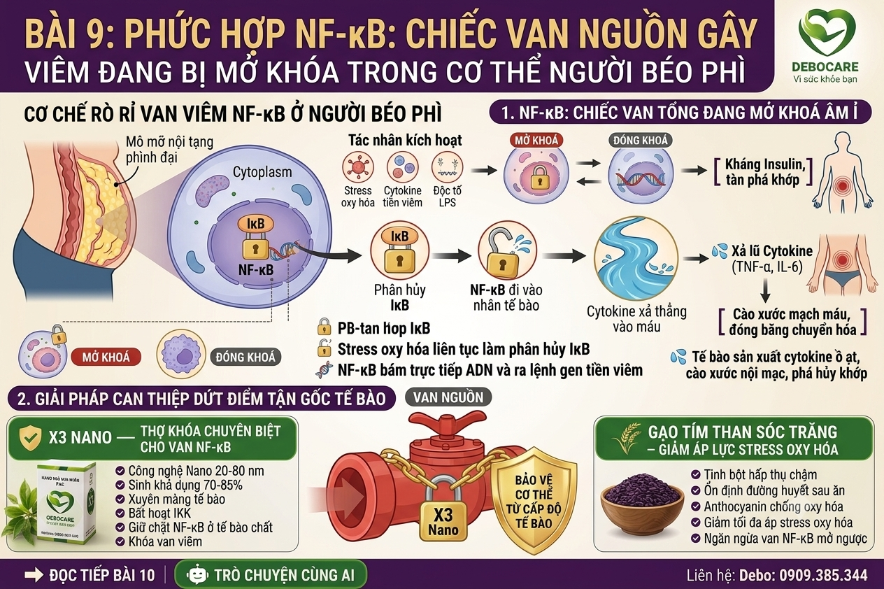Infographic bài 9 giải thích cơ chế van nguồn NF-kB bị mở khóa ở người béo phì và phác đồ khóa van viêm cấp độ tế bào Debocare.