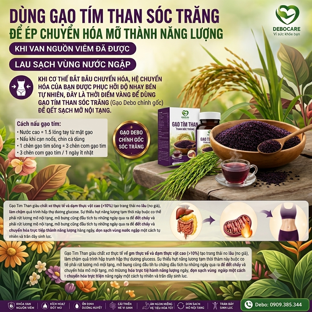 Infographic hướng dẫn dùng Gạo Tím Than Sóc Trăng ép chuyển hóa mỡ nội tạng thành năng lượng và cách nấu chuẩn Debocare.