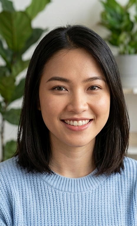 Chân dung chị Minh Anh mỉm cười tự nhiên chia sẻ trải nghiệm cơ mỡ cứng mềm ra ngay trong tháng đầu tiên cùng Debocare.